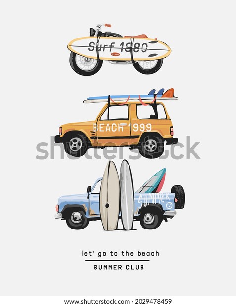 typography slogan with vehicles carrying\
surfboards vector\
illustration