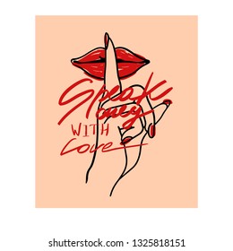 Typography slogan woman with finger on lips illustration