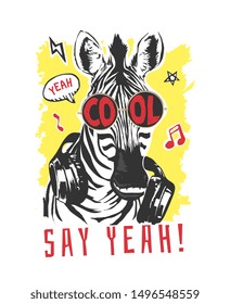 typography slogan with zebra in sunglasses and headphone illustration