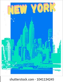 Lemas de tipografía con silueta de la ciudad de Nueva York. Vector para impresión de pantalones y bordado. Tee gráfico y tee impreso. Vector de stock