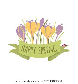 Typography spring quote Happy Spring on the green ribbon with spring flowers crocuses. Hand drawn cute flowers with text for logo, card, banner, backgrounnd Design lettering elements illustration