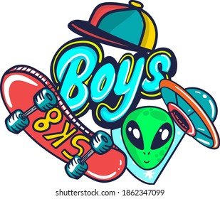 Typography stickers print for boys, teenagers, fashion textile, clothes, . background  with graffiti text,  skate, ufo,