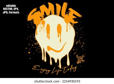 typography street art graffiti slogan print with spray effect for graphic tee. melting smile face for graphic tee t shirt or sweatshirt - Vector