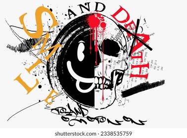 typography street art graffiti with spray splash effect,  urban Graffiti street art style slogan, melted and skull happy emoji illustration in street style