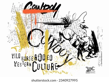 graffiti de arte callejero de tipografía con efecto de salpicadura, rodeo de vaquero de arte grunco, rodeo, vaquero, graffiti urbano slogan de estilo de arte callejero para camisetas o sudaderas