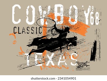 typography street art graffiti with spray splash effect, grunge art cowboy rodeo, rodeo, cowboy, urban Graffiti street art style slogan for t shirt or sweatshirt