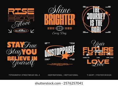 Typography streetwear vector set. Inspirational motivational quotes, clothing design. T-shirt and poster design pack. Streetwear lettering graphic for merch. Print on demand design collection