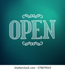 Typography stylized template with white hatching open word on dark turquoise background isolated vector illustration