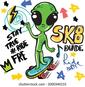 Typography summer alien print . Alien on skate. For graphic tees, t shirt, textile,card
