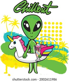 Tipografía de verano huella extraterrestre . Alien en patinaje. Para tetas gráficas, camisetas, textiles, tarjeta
