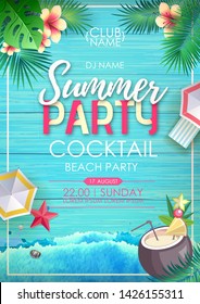 Typography summer beach cocktail party poster on wooden grunge background with tropic leaves