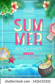 Typography summer beach cocktail party poster on wooden grunge background with tropic leaves