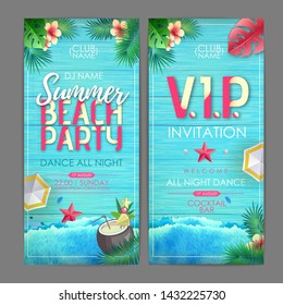 Typography summer beach cocktail party poster on wooden grunge background with tropic leaves
