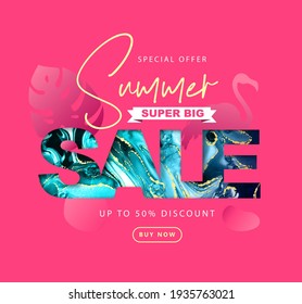 Typography Summer Big Sale Banner With Alcohol Ink Texture. Marble Artistic Background