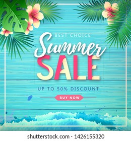 Typography summer big sale poster on wooden grunge background with tropic leaves