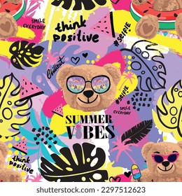 patrón de verano de tipografía con eslogan y oso de peluche en gafas. oso de juguete dibujado a mano, adorable fondo vectorial de las niñas para los tés gráficos, los niños usan. prendas de vestir, impresión superficial y más
