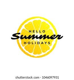 Typography summer t-shirt vector illustration. Graphic tee print design with hello summer slogan and orange silhouette.
