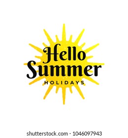 Typography summer t-shirt vector illustration. Graphic tee print design with hello summer slogan and sun silhouette.