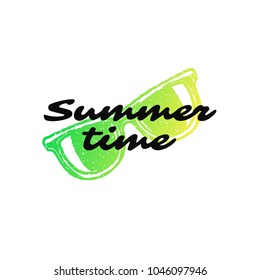 Typography summer t-shirt vector illustration. Graphic tee print design with summer time slogan and sunglasses silhouette.