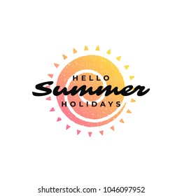Typography summer t-shirt vector illustration. Graphic tee print design with hello summer slogan and sun silhouette.