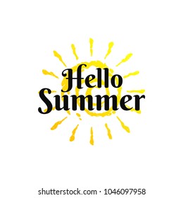 Typography summer t-shirt vector illustration. Graphic tee print design with hello summer slogan and sun silhouette.
