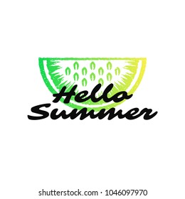 Typography summer t-shirt vector illustration. Graphic tee print design with hello summer slogan and watermelon silhouette.