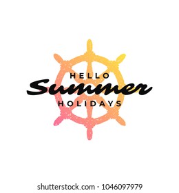 Typography summer t-shirt vector illustration. Graphic tee print design with hello summer slogan and steering wheel silhouette.