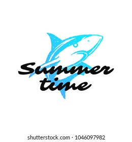 Typography summer t-shirt vector illustration. Graphic tee print design with summer time slogan and shark silhouette.