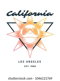 Typography summer t-shirt vector illustration. Graphic tee print design with summer time slogan and sun silhouette.