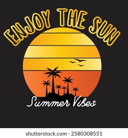 typography t shirt design enjoy the summer , summer vibes retro color with tree sun set black background