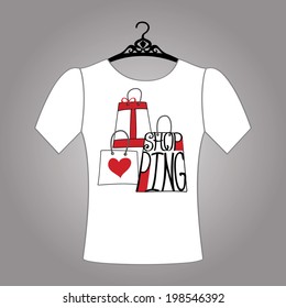 Typography tee shirt  Design.Silhouette of woman tee shirt  from words on bags on t-shirts  background .The message "I love shopping" .Fashion illustration in vector.