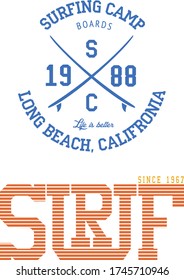 Typography and tee shirt graphics surf, vectors