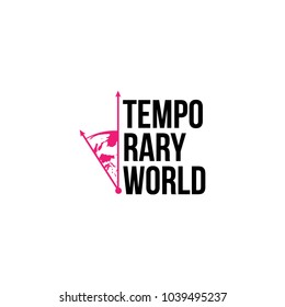 TYPOGRAPHY OF TEMPORARY WORLD WITH CLOCK AND WORLD SYMBOL