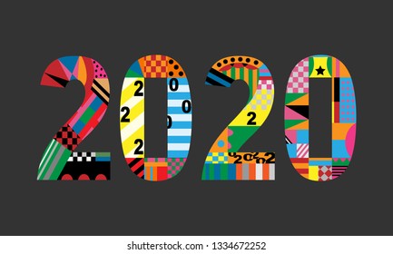 Typography text 2020 font with colorful in geometric style on grey background, Creative design for Happy new year 2020, greetings card, flyers, invitation, posters, brochure, banners and calendar, 