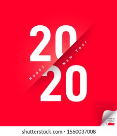 Typography text 2020 font and rat in geometric style on red background. Creative design for greeting lettering. New Year of the rat symbol 2020, flyers, posters and calendar. Vector illustration.