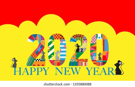 Typography text 2020 font and rats in geometric style on red and yellow background, Creative design for Greeting Lettering. New Year of the rat symbol 2020, flyers, posters, banners and calendar, 
