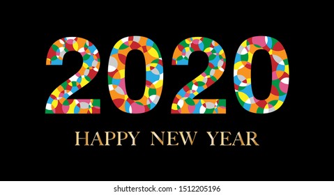 Typography text 2020 and HAPPY NEW YEAR font in colorful circle style on black background, Creative design for Greeting Lettering. New Year flyers, posters, banners and calendar