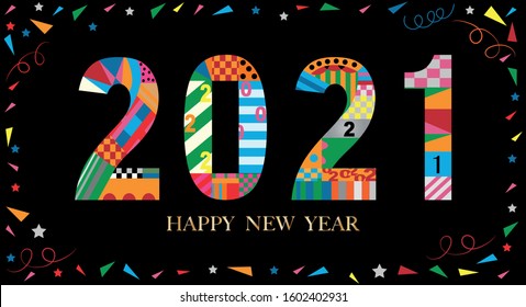 Typography text 2021 font in colourful of geometric style on black background, Creative deco design for Greeting Lettering. Chinese new year 2021 year of the ox for flyers, posters and banners 