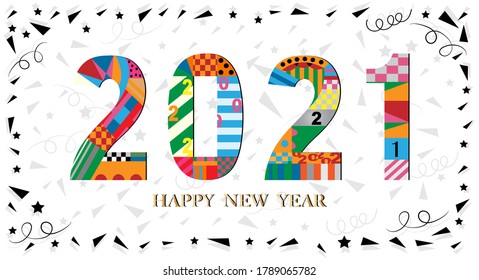 Typography text 2021 font in colourful of geometric style on black background, Creative deco design for Greeting Lettering. new year 2021 year of the ox for flyers, posters, banners and calendar, 