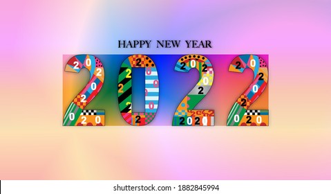 Typography text 2022 font in colourful of geometric style on pastel background,Creative deco design for Greeting Lettering. Chinese new year 2022 year of the tiger for flyers, banners and calendar