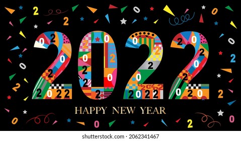 Typography text 2022 font in colourful of geometric style on black background, Creative deco design for Greeting Lettering. Chinese new year 2022 year of the tiger for flyers, banners and calendar