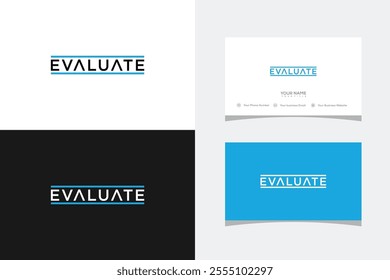 typography text EVALUATE logo design and business card