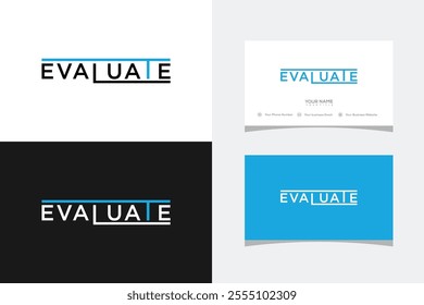 typography text EVALUATE logo design and business card