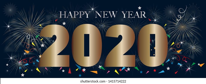 Typography text Happy new year 2020 in golden style with firework background, Creative design for Greeting Lettering. New Year 2020, flyers, posters, banners and calendar, 