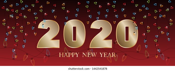 Typography text Happy new year 2020 in golden style with coloufull light bulbs, Creative design for Greeting Lettering. New Year 2020, flyers, posters, banners and calendar, 