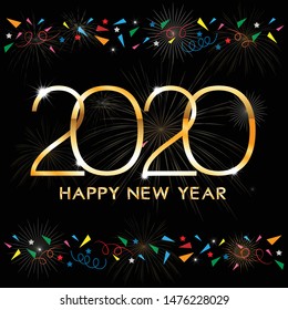 Typography text Happy new year 2020 in golden style with firework background, Creative design for Greeting Lettering. New Year 2020, flyers, posters, banners and calendar.