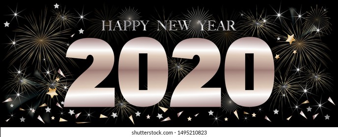 Typography text Happy new year 2020 in golden style with firework background,Creative design for Greeting Lettering.New Year of the rat symbol 2020, flyers, posters, banners and calendar, 
