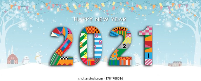 Typography text Happy new year 2021 font in geometric style on winter landscape background with polar bear playing ice skats,Cute design for Greeting card lettering. Vector 2021 flyers, poster, banner