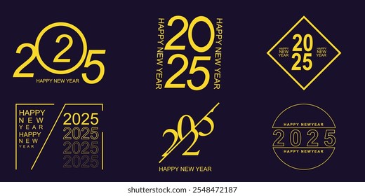 Texto tipográfico Feliz Ano Novo 2025. Caligrafia número 2025. Coleção de desenhos de logotipo de tipografia para capas de férias, banners e cartões. Ilustração vetorial.