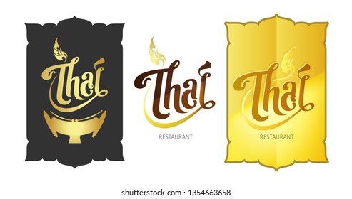 Typography "Thai" concept logo. Black, white, gold background with Thai Art, xylophone illustrate symbol . Design for restaurant, company, cuisine, shop, etc. - Vector.